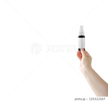 In his hand is a bottle of medicine with a blank label to show the product. 120322087