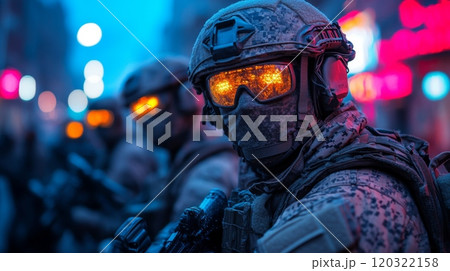 A group of soldiers stands alert in an urban area at night, equipped with tactical gear and glowing goggles, prepared for action. A group of soldiers stands alert in an urban area at night, equipped with tactical gear and glowing goggles, prepared for action. 120322158
