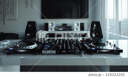 A DJ mixer with two turntables sits on a white table in a modern home studio. 120322201