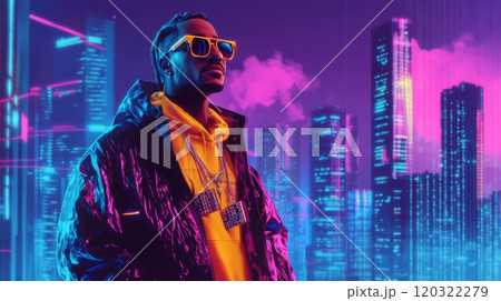 Under a vibrant neon sky, a person showcases a unique fashion sense, wearing a bold hoodie and sunglasses, amidst towering city skyscrapers glowing in bright colors after sunset. 120322279