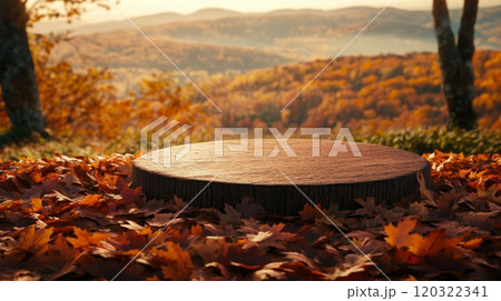 A serene wooden platform is surrounded by vibrant autumn leaves in a peaceful forest 120322341