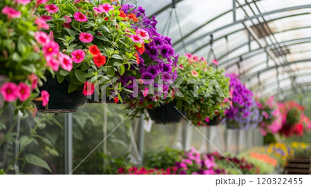 Colorful petunias in hanging baskets create a lively display inside a greenhouse, showcasing spring blooms. 120322455