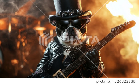 A dog dressed in a leather jacket and sunglasses plays an electric guitar surrounded by flames. The energetic atmosphere reflects a lively music event where the audience can feel the rhythm. A dog dressed in a leather jacket and sunglasses plays an electric guitar surrounded by flames. The energetic atmosphere reflects a lively music event where the audience can feel the rhythm. 120322539