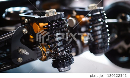 Detailed view of sleek shock absorbers mounted on a sports car chassis in a workshop, showcasing advanced engineering. Detailed view of sleek shock absorbers mounted on a sports car chassis in a workshop, showcasing advanced engineering. 120322541