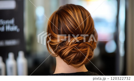 A sophisticated updo hairstyle features rich auburn highlights intricately styled and secured at the back. The setting is a stylish salon, radiating a vibrant and professional atmosphere. 120322732