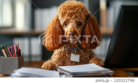 A curly-haired poodle rests with a curious expression at a home office desk 120322746