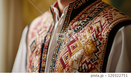 A person wears a beautifully embroidered vest adorned with intricate patterns, symbolizing cultural heritage during a festive gathering. 120322751