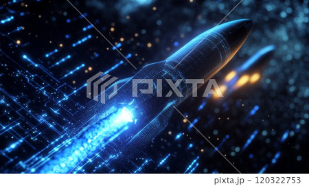 A digital missile made of glowing blue lines flies through a field of blue and orange particles, with a black background, leaving a trail of blue energy in its wake. 120322753