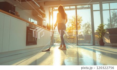 A woman is vacuuming the floor of a contemporary kitchen as golden sunlight streams in through large windows. The warm light creates a serene atmosphere, enhancing the clean space around her. 120322756