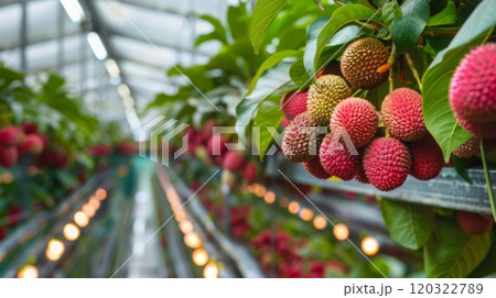 Fresh lychee fruit hangs from branches in a greenhouse, illuminated by soft light, showcasing their vibrant colors and textured skin. 120322789