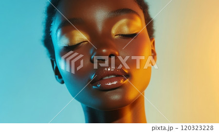 A model displays radiant eye makeup under creatively colored lighting, highlighting natural beauty and artistry. 120323228