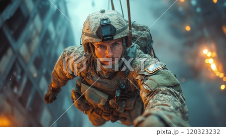 A soldier in full tactical gear descends from a tall building, navigating the chaos of a war-torn city with smoke and flames surrounding him, showcasing bravery and skill during a critical mission. 120323232