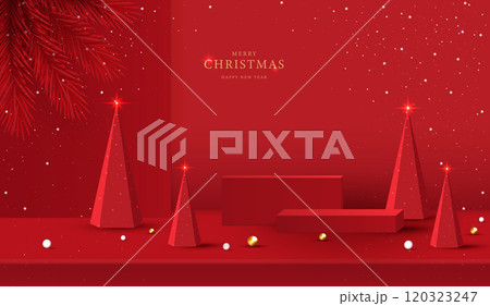 Podium shape for show cosmetic product display for christmas day or new years. Stand product showcase on red background with lighting christmas. vector design. 120323247