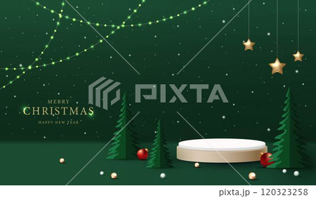 Podium shape for show cosmetic product display for christmas day or new years. Stand product showcase on green background with lighting christmas. vector design. Podium shape for show cosmetic product display for christmas day or new years. Stand product showcase on green background with lighting christmas. vector design. 120323258