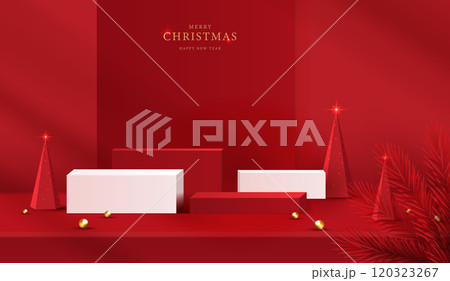 Podium shape for show cosmetic product display for christmas day or new years. Stand product showcase on red background with lighting christmas. vector design. Podium shape for show cosmetic product display for christmas day or new years. Stand product showcase on red background with lighting christmas. vector design. 120323267