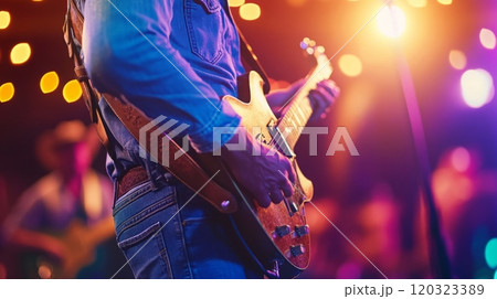A musician is passionately strumming an electric guitar on stage, surrounded by vibrant lights and an energetic audience. 120323389