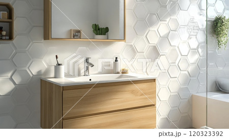 A modern bathroom features a white hexagonal tiled wall with a white porcelain sink and a light wooden vanity cabinet with two drawers 120323392