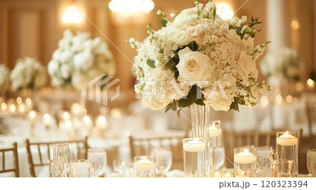 Beautiful tall centerpieces adorned with white roses and hydrangeas create a romantic atmosphere in an elegantly set wedding reception. 120323394
