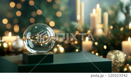 A glass orb placed on a pedestal captures the soft glow of candles and twinkling lights, enhancing the cozy, festive atmosphere of a holiday gathering surrounded by greenery and decorations. 120323542