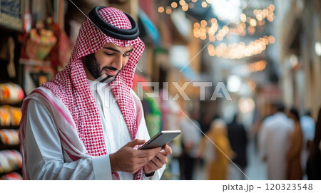 A young man dressed in traditional clothing explores a bustling market in Saudi Arabia, focused on his smartphone. The vibrant stalls and warm lights create an inviting atmosphere. 120323548