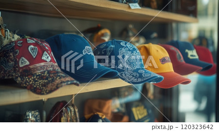 Brightly colored hats are neatly arranged in a shop window, showcasing various patterns and styles during daylight. Brightly colored hats are neatly arranged in a shop window, showcasing various patterns and styles during daylight. 120323642