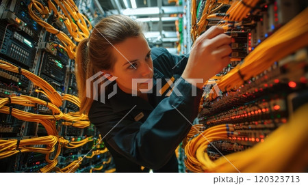 Confident Young Woman in Stylish Suit Posing Against Modern Architectural Background 120323713