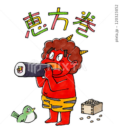 恵方巻を食べる赤鬼と恵方巻の文字 120323852