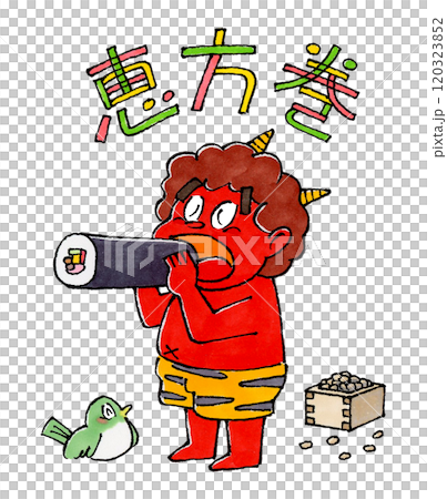 A red demon eating ehomaki and the character for ehomaki 120323852