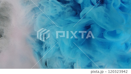 Smoke cloud. Ink water. Blue white color vapor splash haze spreading dreamlike sky flow texture abstract background. 120323942