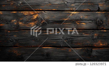 Dark Wooden Planks with Charred and Burned Edges 120323971