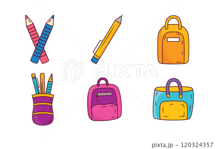 Elements Set of School Stationery Tool and Equipment with Pencil Pen Bag Elements Set of School Stationery Tool and Equipment with Pencil Pen Bag 120324357