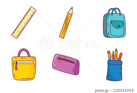 Elements Set of School Stationery Tool and Equipment with Pencil Pen Bag Elements Set of School Stationery Tool and Equipment with Pencil Pen Bag 120324358