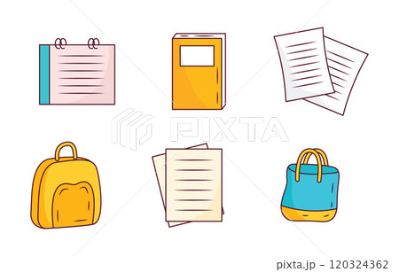 Elements Set of School Stationery Tool and Equipment with Book Paper Bag Elements Set of School Stationery Tool and Equipment with Book Paper Bag 120324362
