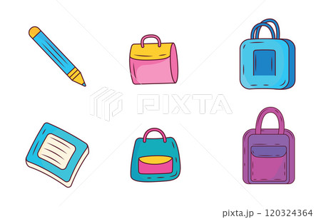 Elements Set of School Stationery Tool and Equipment with Book Pencil Bag Elements Set of School Stationery Tool and Equipment with Book Pencil Bag 120324364