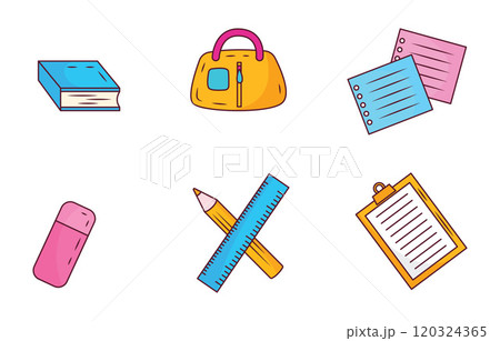 Elements Set of School Stationery Tool and Equipment with Book Pencil Bag 120324365