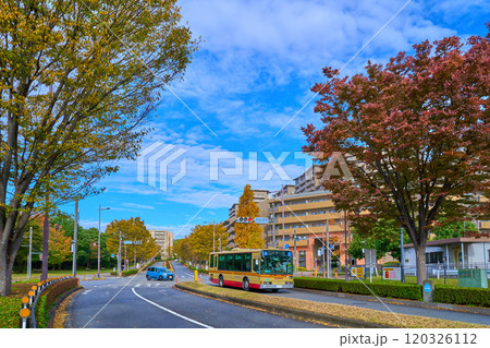 秋の東京都稲城市若葉台2丁目の若葉台駅西交差点付近から北西側の3丁目方面と路線バスを見る 120326112