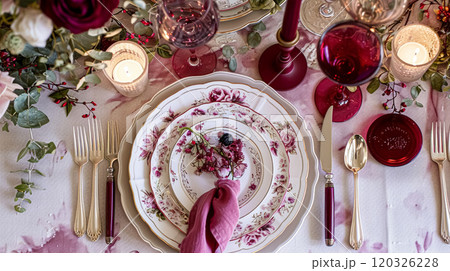 Festive table setting with cutlery, candles and beautiful red flowers in vase. High quality photo 120326228