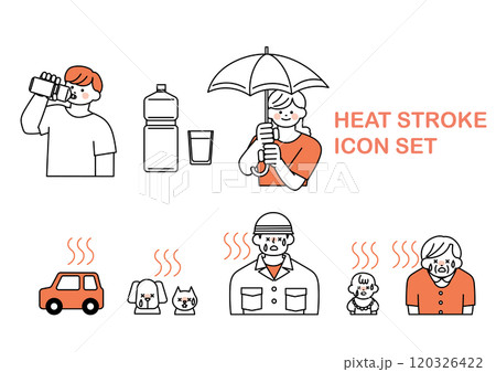 シンプルでフラットな熱中症に関するアイコンセット シンプルでフラットな熱中症に関するアイコンセット 120326422