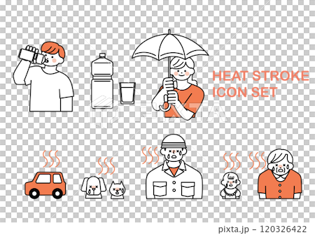シンプルでフラットな熱中症に関するアイコンセット シンプルでフラットな熱中症に関するアイコンセット 120326422