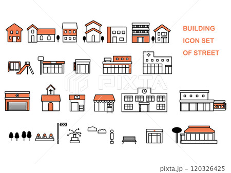 シンプルでフラットな街の建物のアイコンセット 120326425