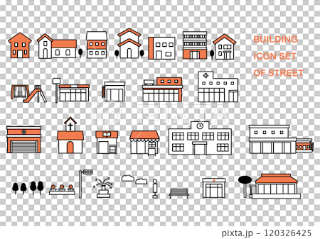 シンプルでフラットな街の建物のアイコンセット 120326425
