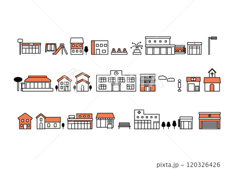 シンプルでフラットな街並みのライン素材セット 120326426
