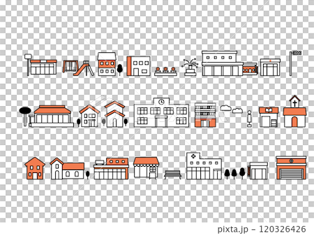 シンプルでフラットな街並みのライン素材セット 120326426