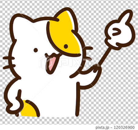 Upper body illustration of a cute cat character with hands on hips and using a pointing stick to explain the main points 120326900