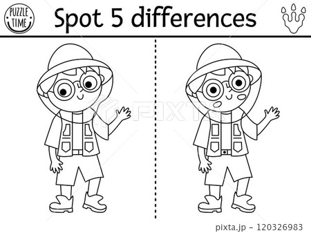 Find differences game. Dinosaur black and white educational activity with paleontologists boy waving hand. Line puzzle for kids with archeologists or researcher. Printable worksheet, coloring page 120326983