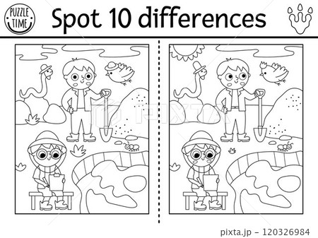 Find differences game for children. Dinosaur black and white educational activity with paleontologists, dig, camp landscape. Line puzzle for kids with archeologists. Printable worksheet, coloring 120326984