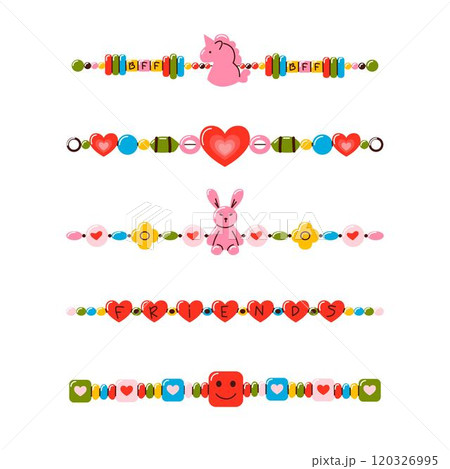 Friendship bracelet vector set. Handmade jewelry. Doodle illustration. Friendship bracelet vector set. Handmade jewelry. Doodle illustration. 120326995