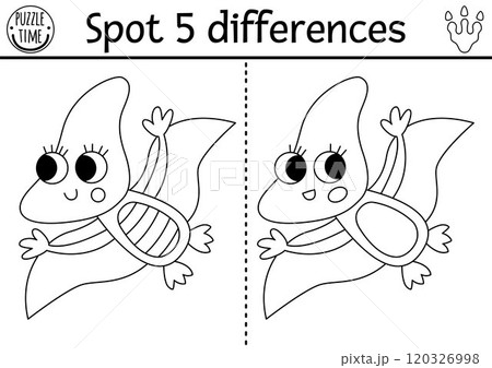 Find differences game. Dinosaur black and white educational activity with baby pterosaur. Line puzzle for kids with little ancient animal. Printable worksheet, coloring page with pterodactyl child 120326998