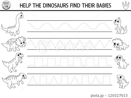 Vector black and white dinosaur handwriting practice worksheet. Prehistoric printable line drawing activity for children with ancient animals and their babies. Tracing game, coloring page 120327013