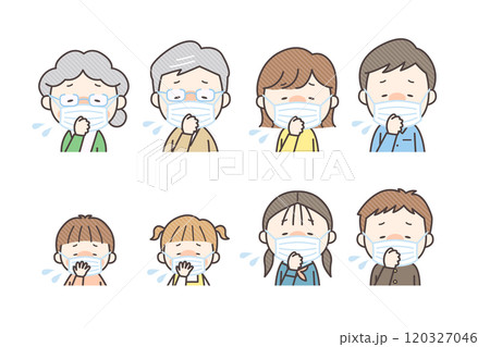 マスクをして発熱と咳をしている家族のセット 120327046